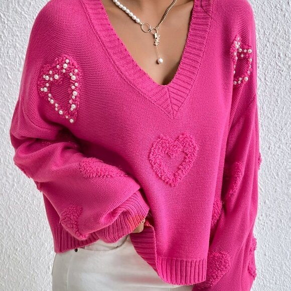 Pink Casual Womens Pearls Heart Detail V-neck Drop Shoulder Sweater - Picture 4 of 5